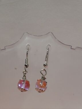 Hand Crafted Pink Glass Bead Drop Earrings